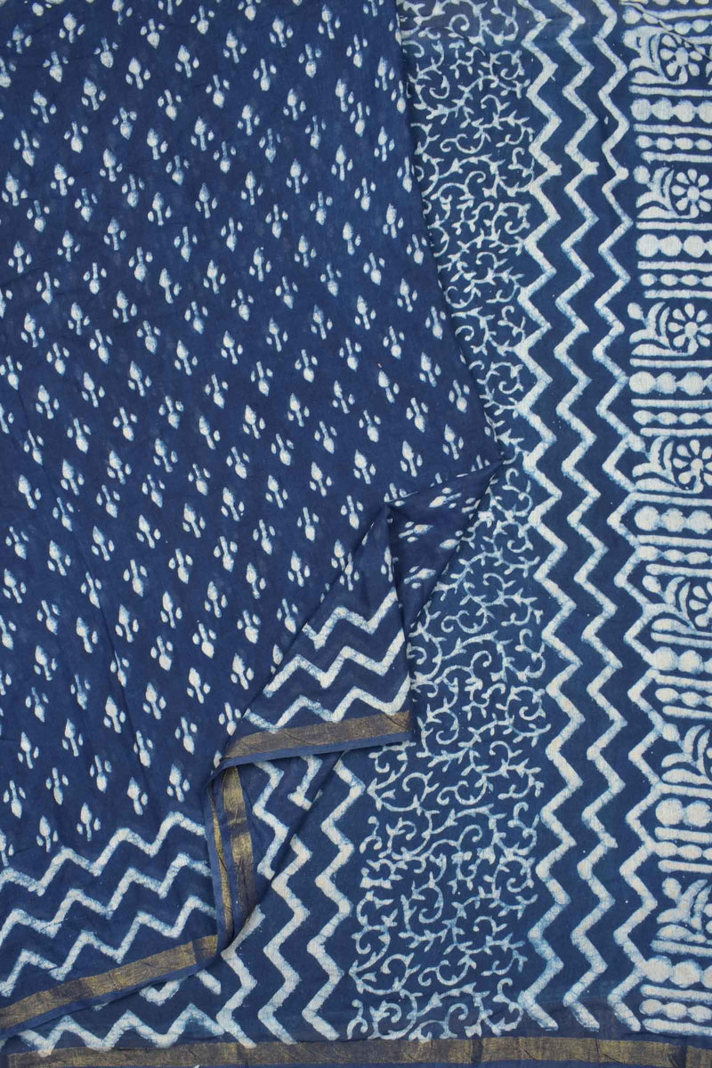 Indigo Blue Chanderi Cotton HandBlock Printed Waves Pallu Saree