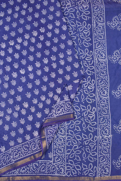 Navy Blue Chanderi Cotton Floral Leaves HandBlock Printed Saree