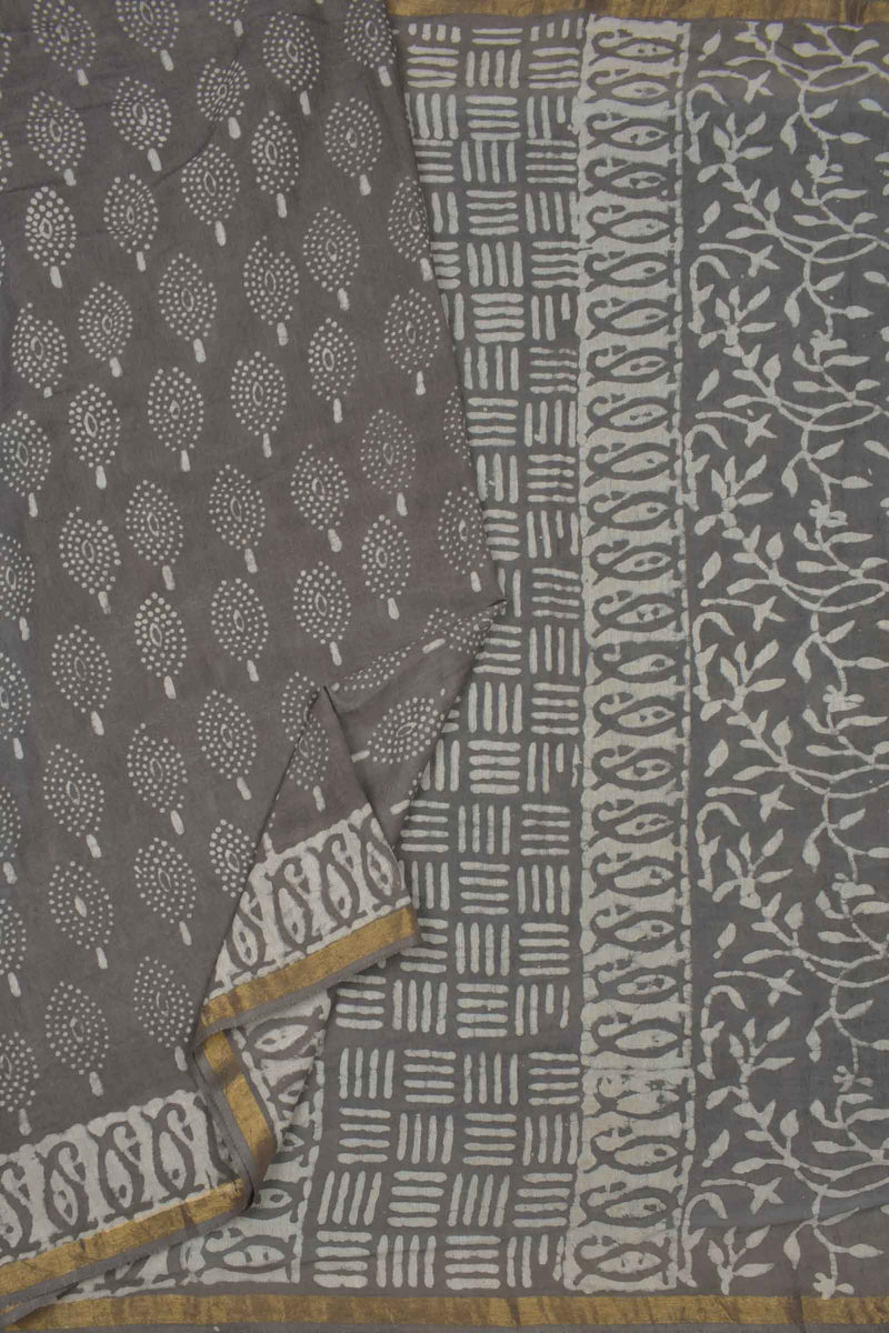 Grey Chanderi Cotton Tree HandBlock Printed Saree