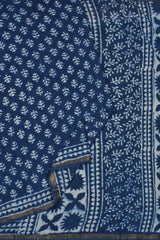 Indigo Blue Chanderi Cotton Floral Leaves HandBlock Printed Saree