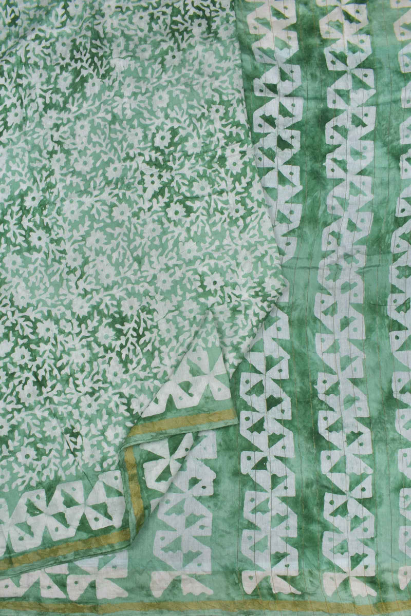 Light Green Chanderi Cotton Leaf Garden HandBlock Printed Saree