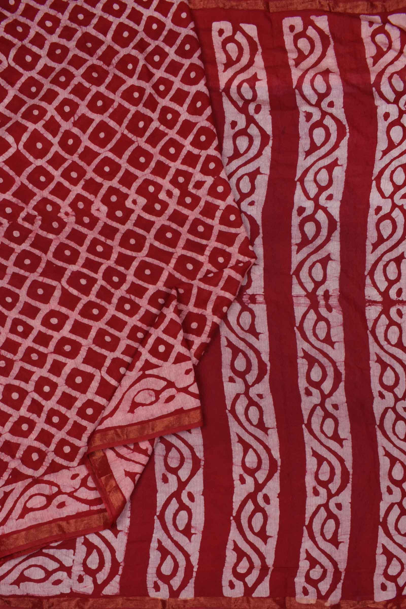 Deep Red Chanderi Cotton HandBlock Printed Saree