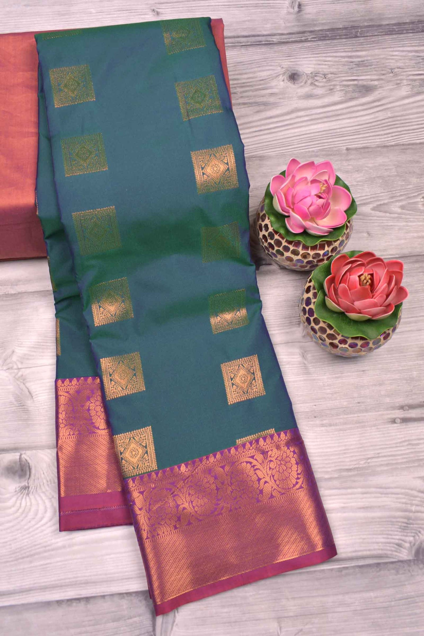 Greenish Blue Semi Soft Silk Square Butta Violet Border Saree