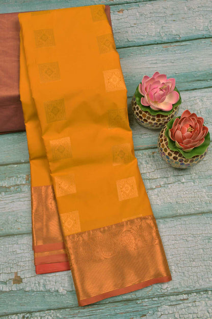 Golden Yellow Semi Soft Silk Squarre Butta Contrast Pallu Saree