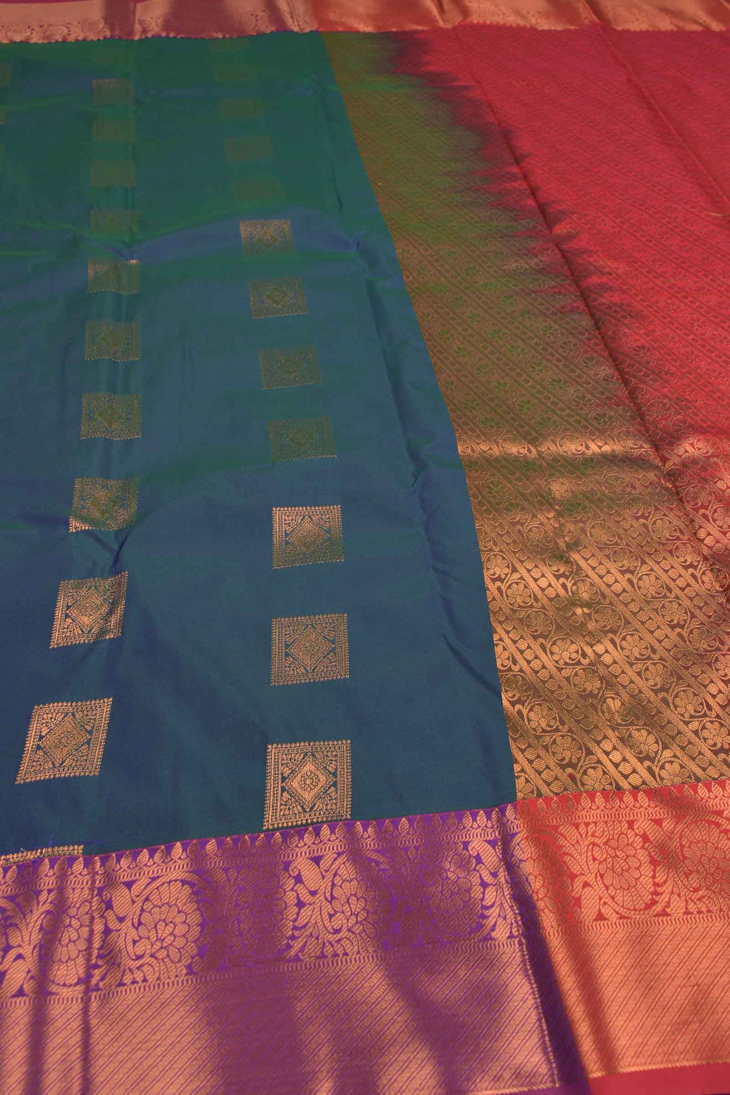 Greenish Blue Semi Soft Silk Square Butta Violet Border Saree