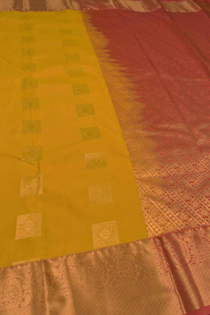 Golden Yellow Semi Soft Silk Squarre Butta Contrast Pallu Saree