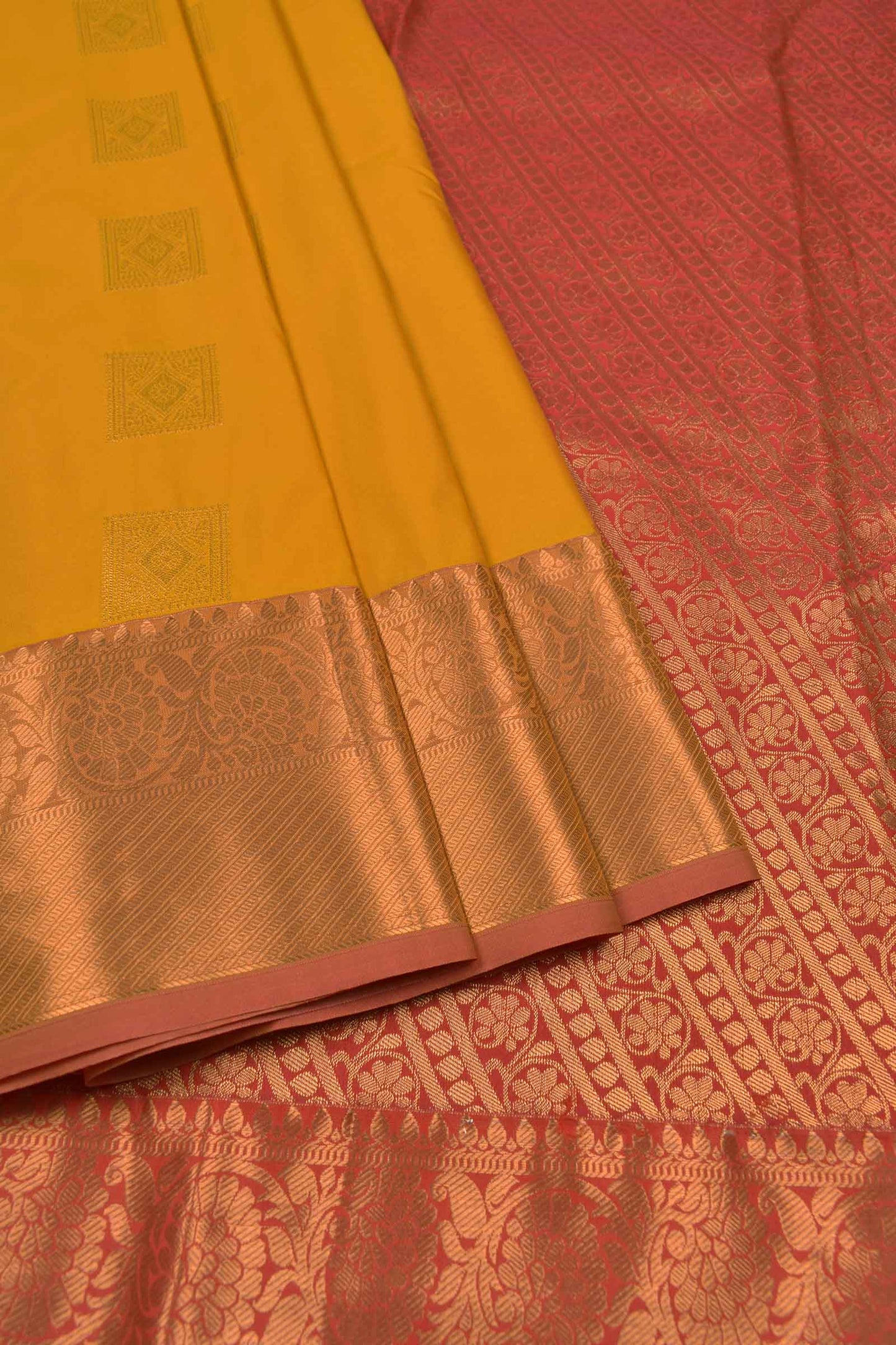 Golden Yellow Semi Soft Silk Squarre Butta Contrast Pallu Saree