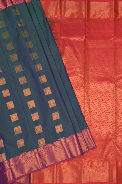 Greenish Blue Semi Soft Silk Square Butta Violet Border Saree