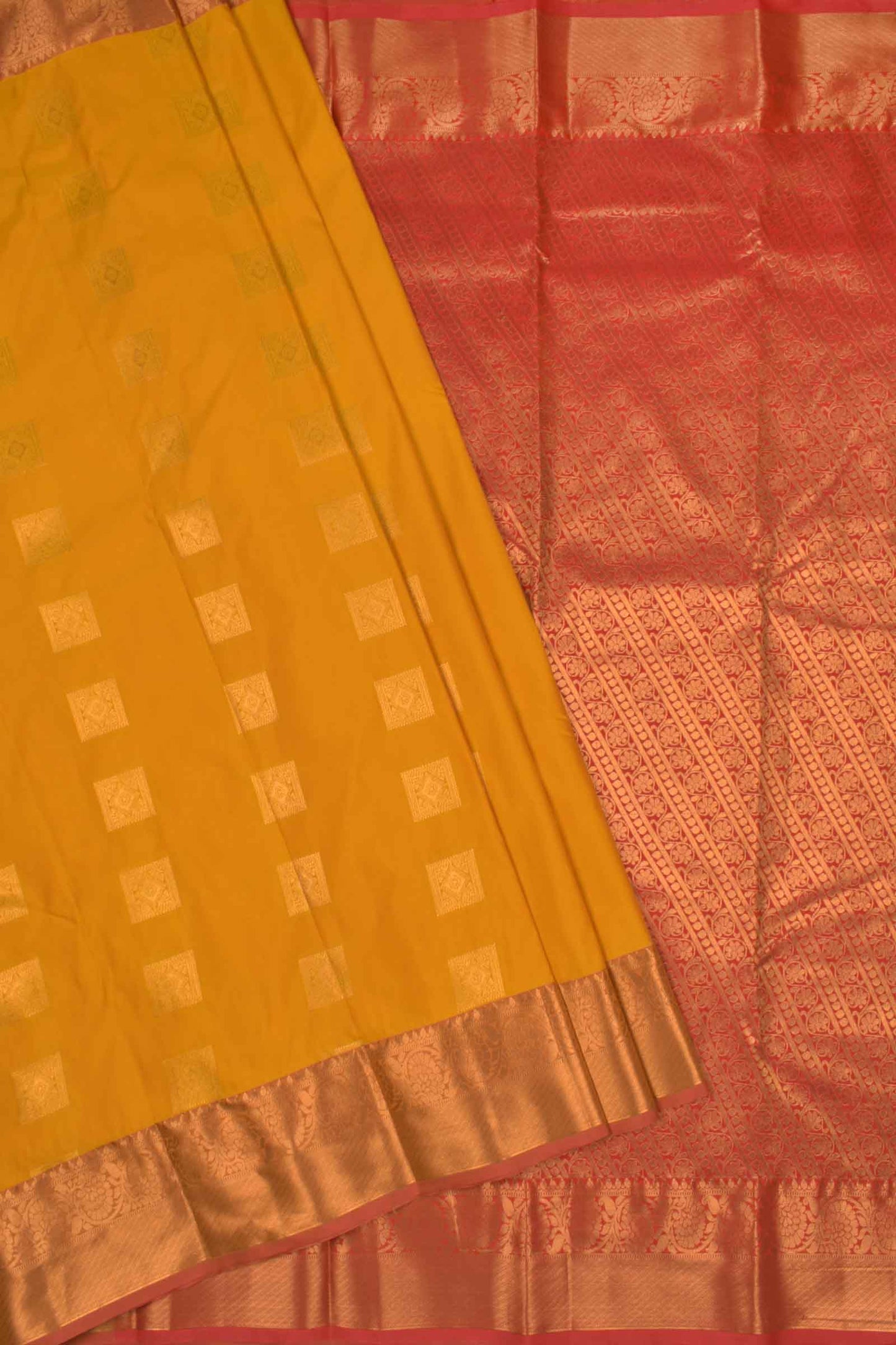 Golden Yellow Semi Soft Silk Squarre Butta Contrast Pallu Saree