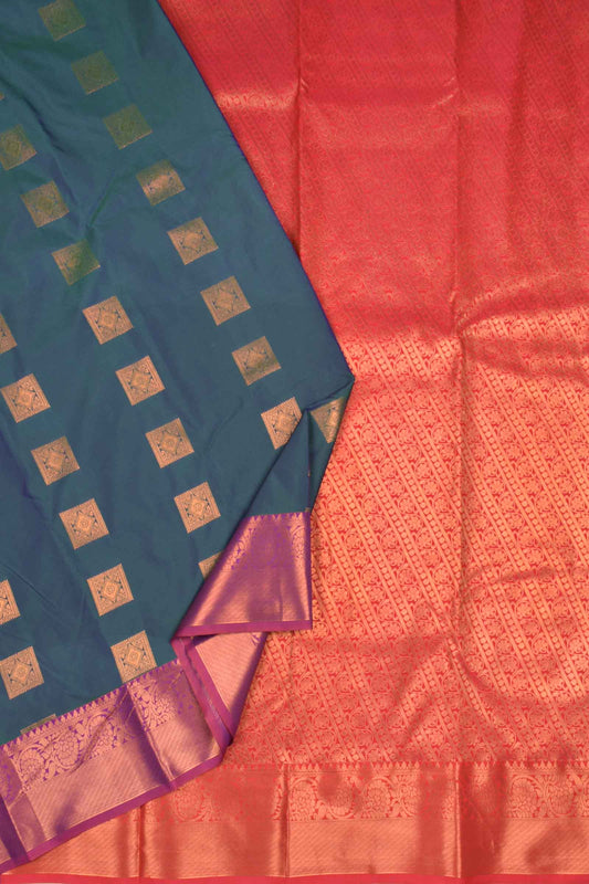 Greenish Blue Semi Soft Silk Square Butta Violet Border Saree