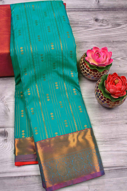 Teal Green Semi Soft Silk Zari Lines Contrast Pallu Saree