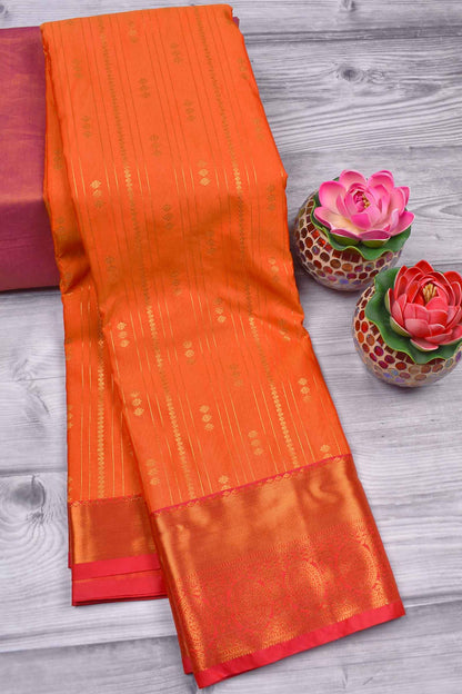 Orange Semi Soft Silk Zari Lines Contrast Pallu Saree