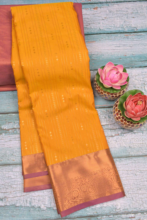 Golden Yellow Semi Soft Silk  Traditional Zari Lines Contrast Border Saree