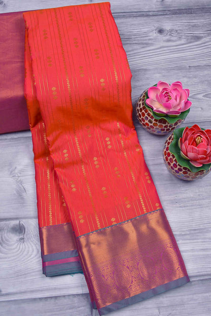 Red with Rose Semi Soft Silk Traditional Zari Lines Contrast Pallu Saree