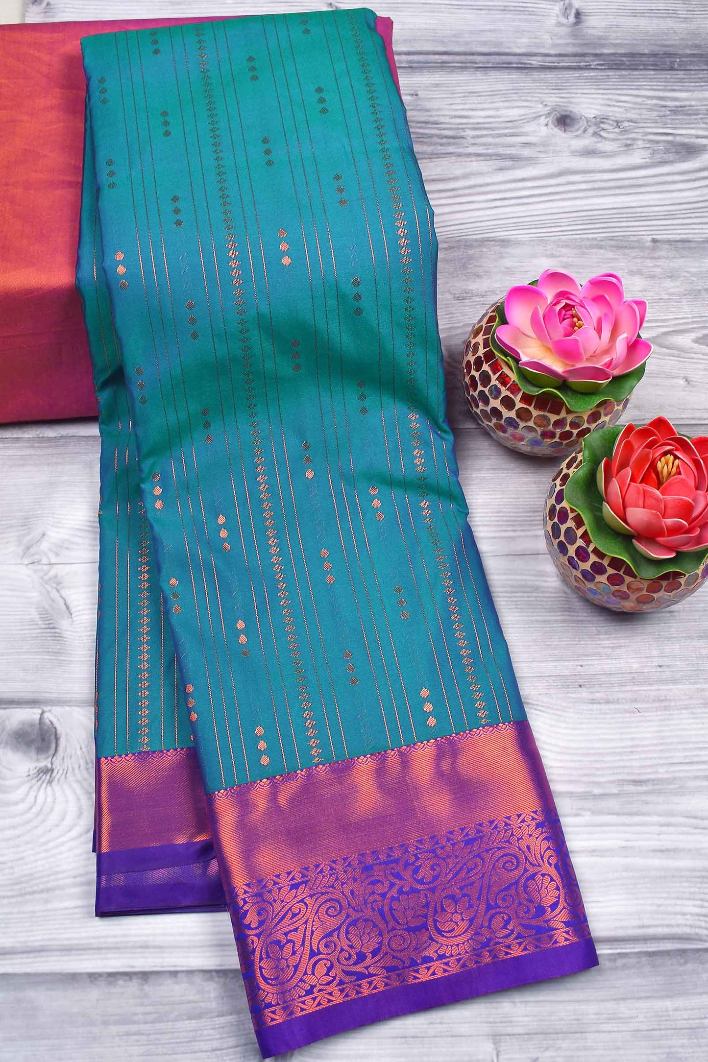 Blue With Green Semi Soft Silk Parallel Zari Lines Fancy Violet Border Saree