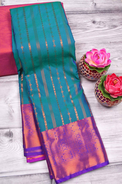 Blue With Green Semi Soft Silk Chain Zari Lines Butta Fancy Violet Border Saree