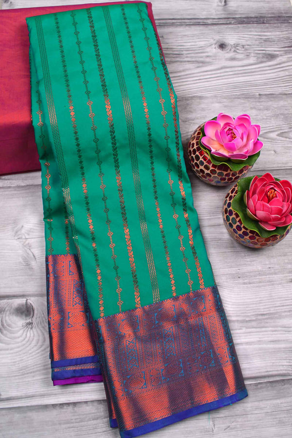 Teal Green Semi Silk Traditional Zari Lines Contrast Pallu Saree