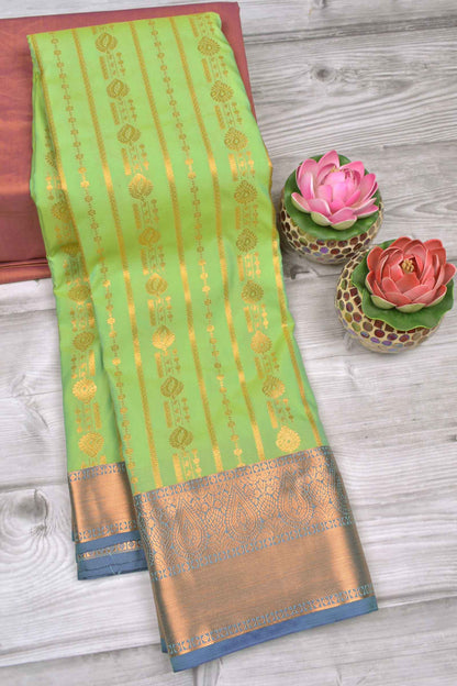 Green Semi Silk Traditional Zari Lines Contrast Violet Border Saree