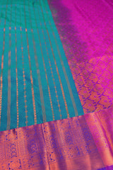 Blue With Green Semi Soft Silk Chain Zari Lines Butta Fancy Violet Border Saree