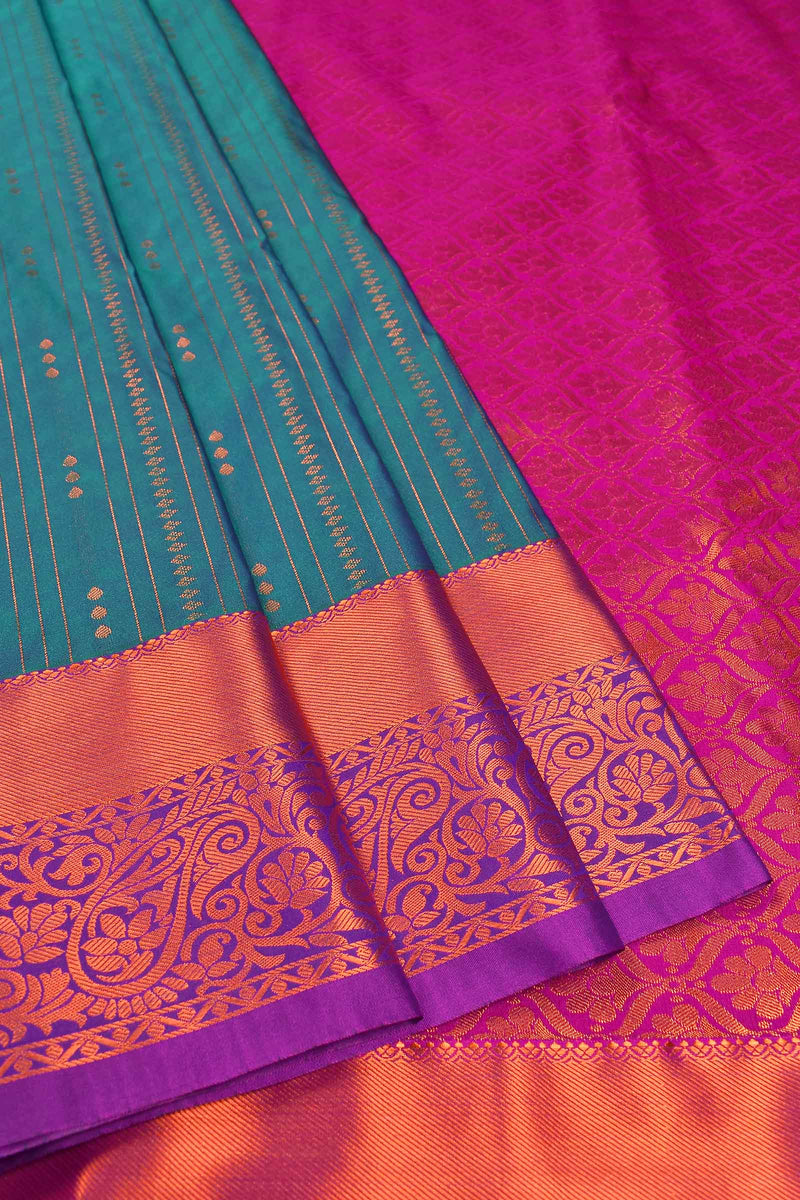 Blue With Green Semi Soft Silk Parallel Zari Lines Fancy Violet Border Saree