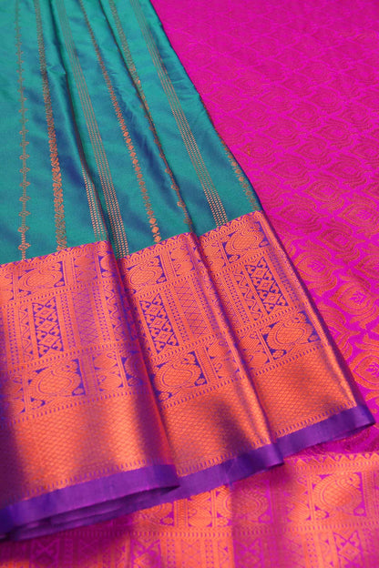 Blue With Green Semi Soft Silk Chain Zari Lines Butta Fancy Violet Border Saree