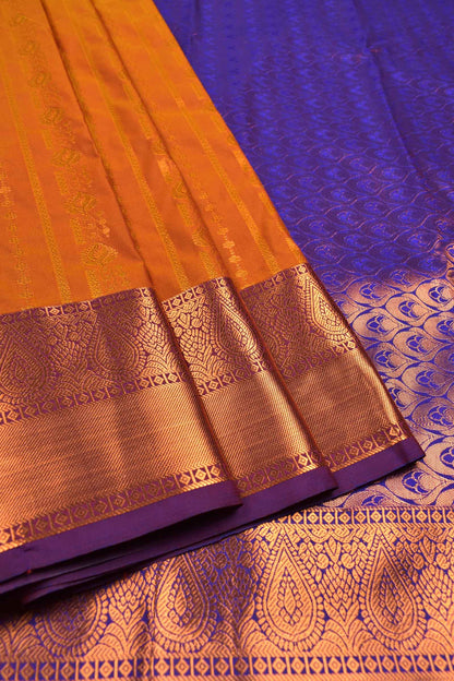 Deep Yellow Semi Soft Silk Jari Traditional Lines Contrast Violet Border Saree