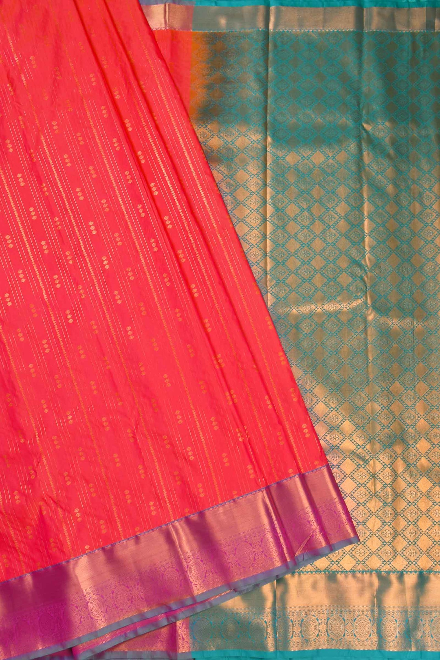 Red with Rose Semi Soft Silk Traditional Zari Lines Contrast Pallu Saree