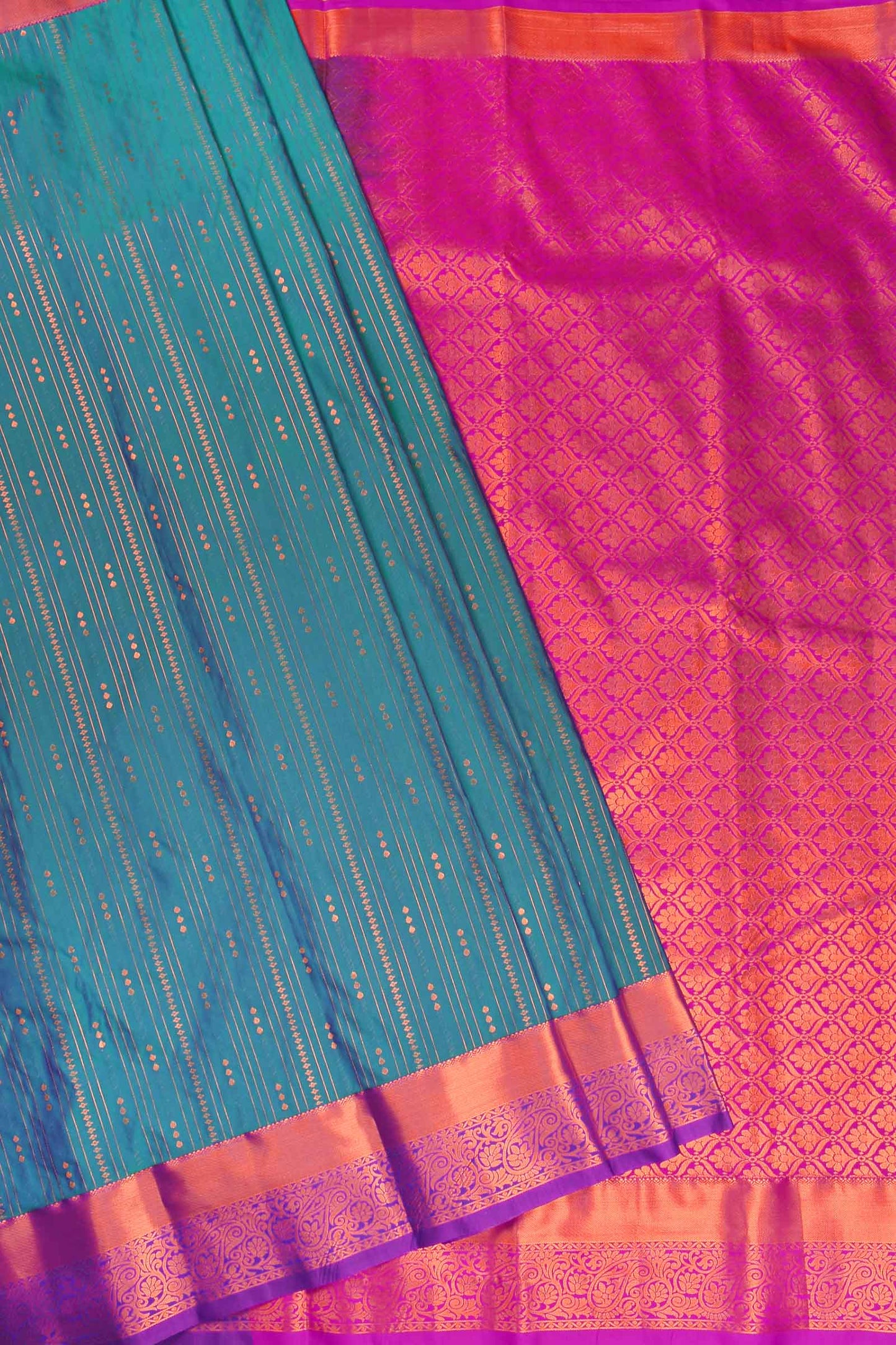 Blue With Green Semi Soft Silk Parallel Zari Lines Fancy Violet Border Saree