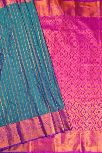 Blue With Green Semi Soft Silk Chain Zari Lines Butta Fancy Violet Border Saree