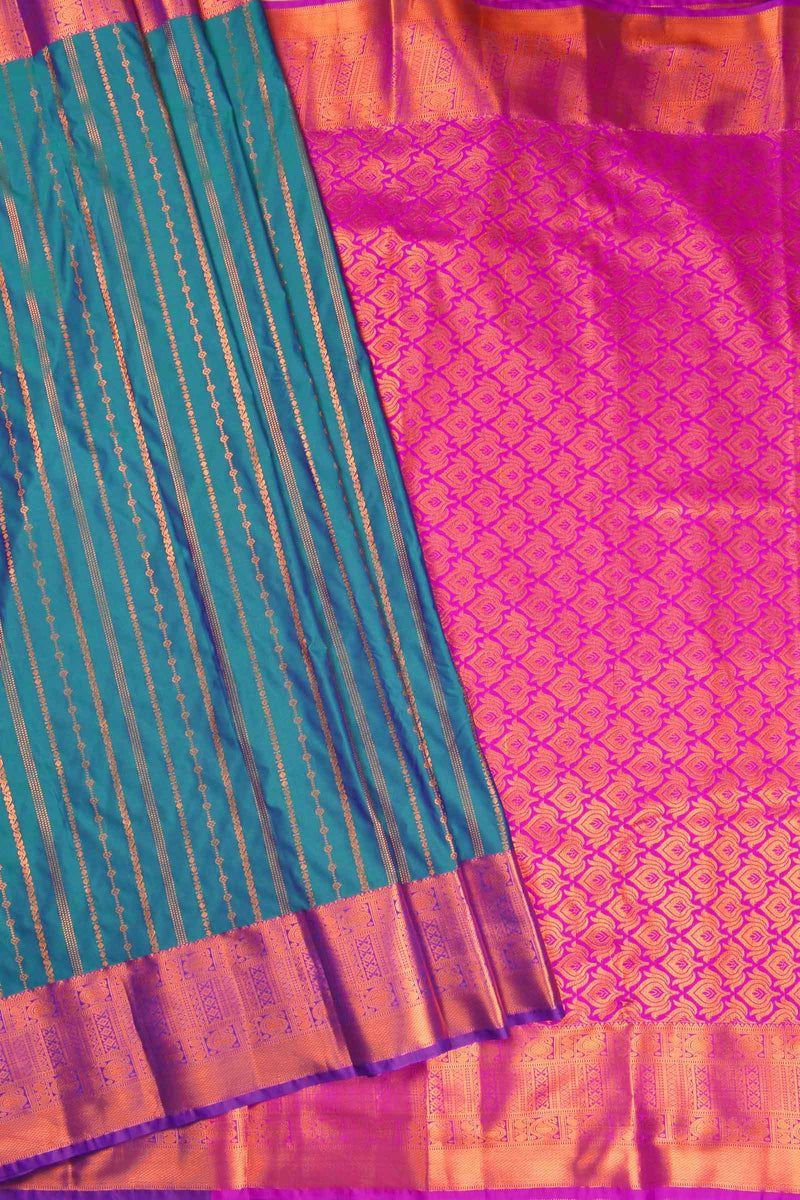 Blue With Green Semi Soft Silk Chain Zari Lines Butta Fancy Violet Border Saree