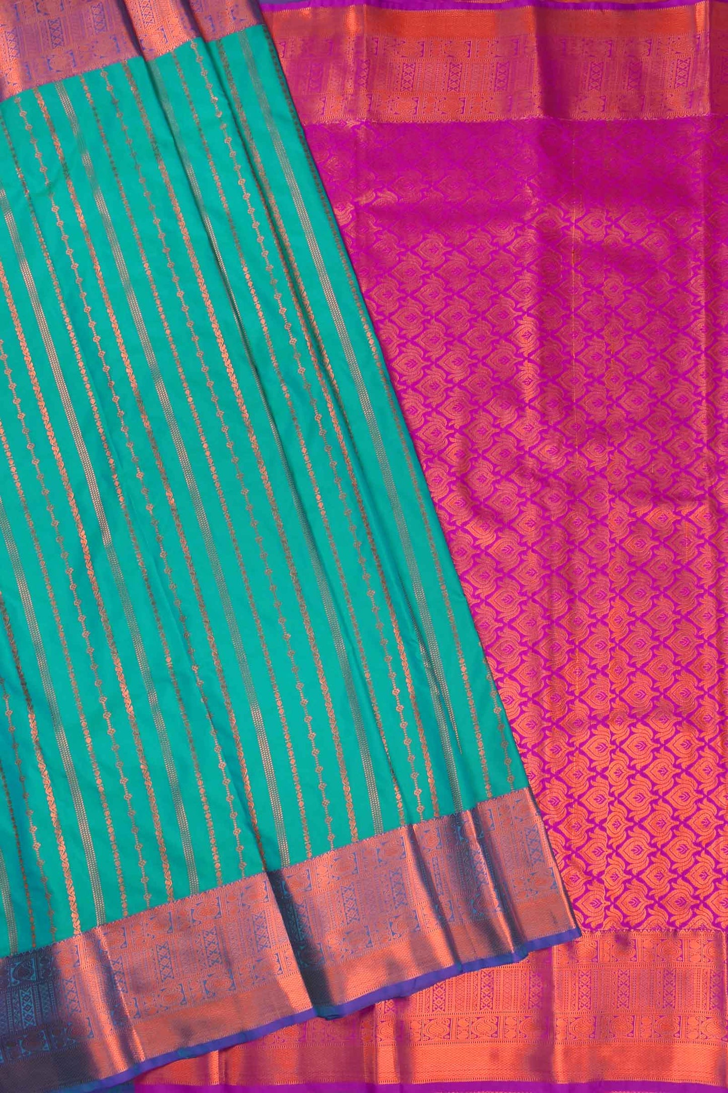 Teal Green Semi Silk Traditional Zari Lines Contrast Pallu Saree