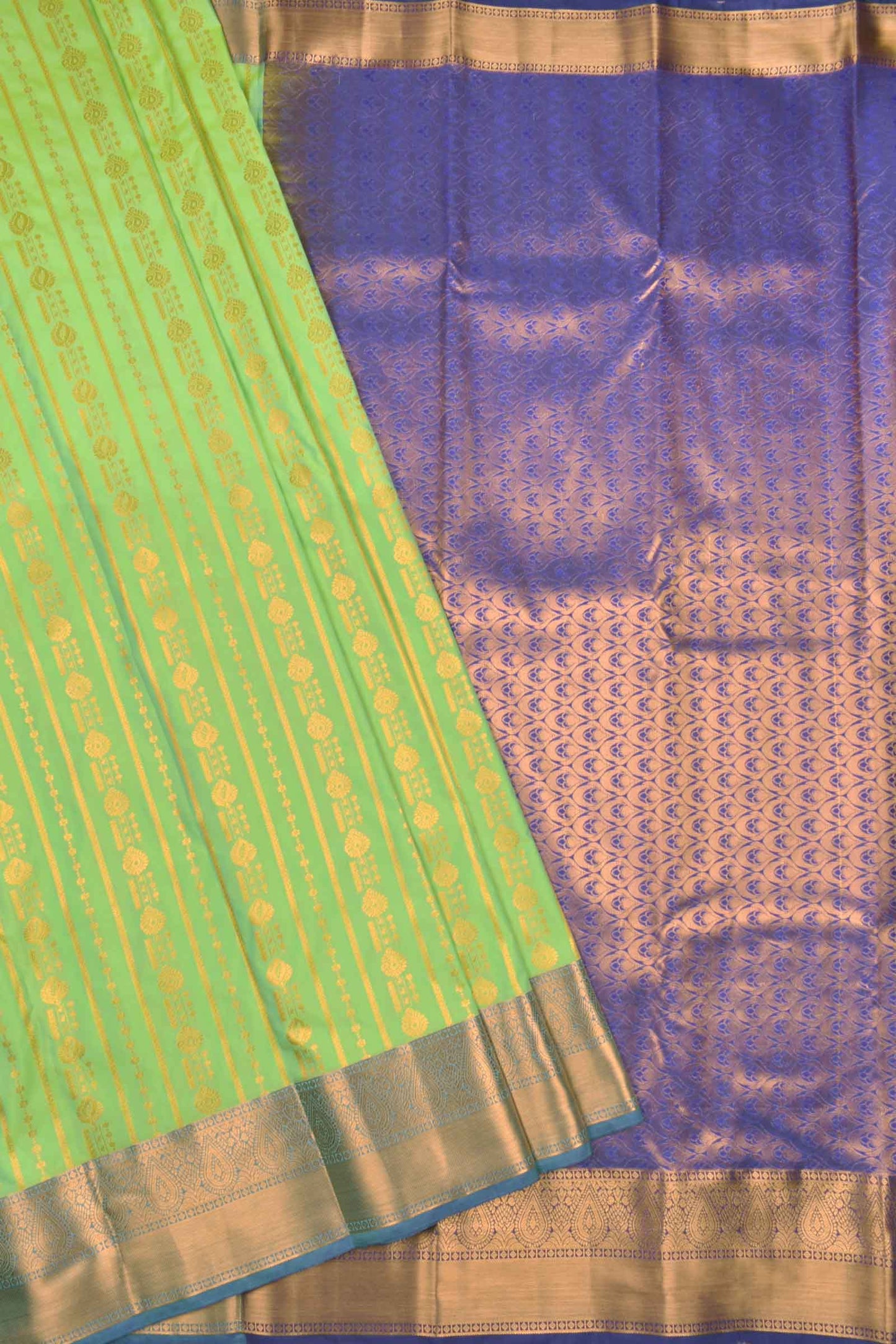 Green Semi Silk Traditional Zari Lines Contrast Violet Border Saree