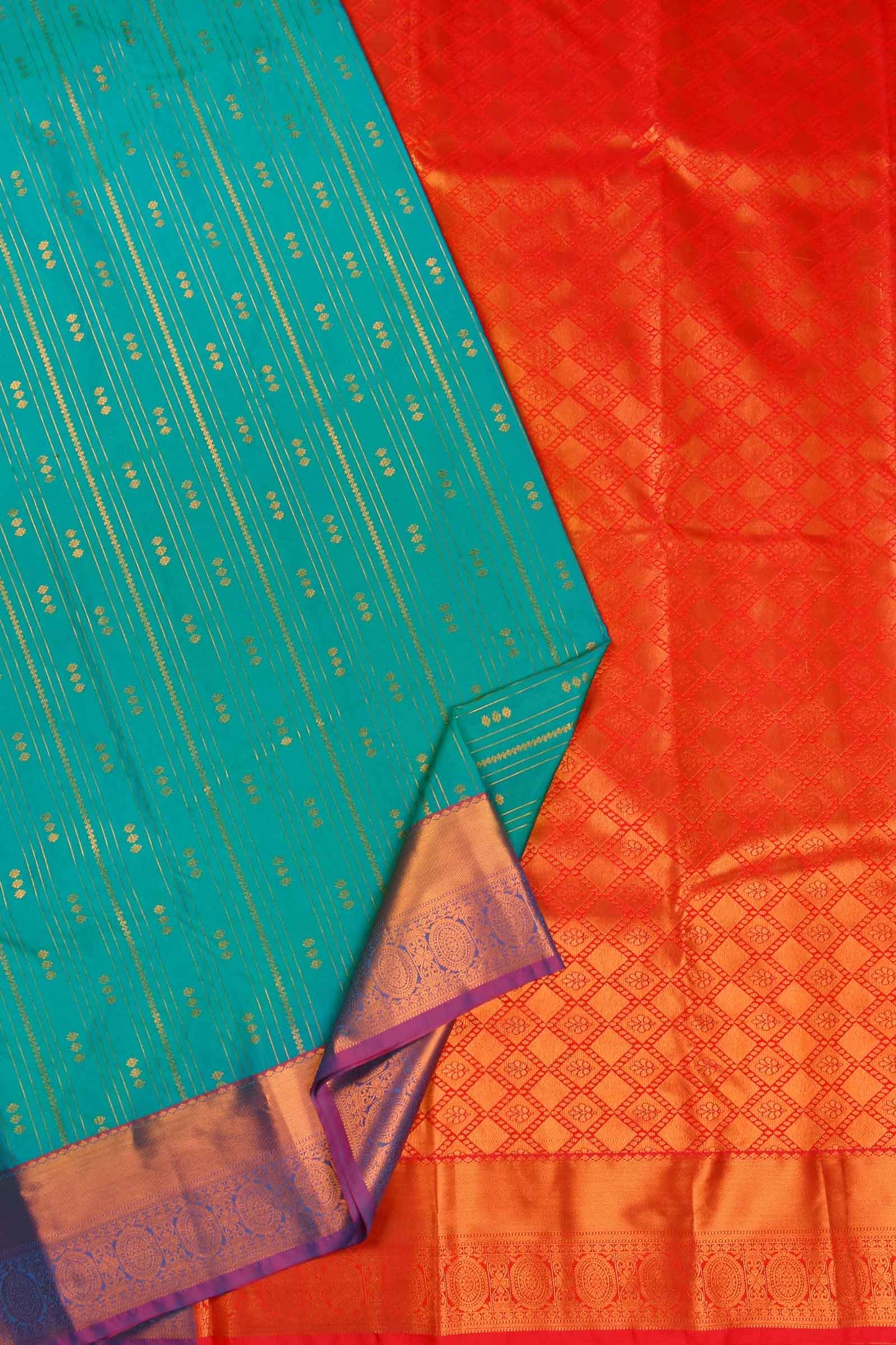 Teal Green Semi Soft Silk Zari Lines Contrast Pallu Saree