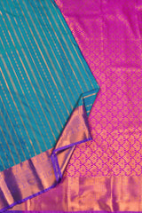 Blue With Green Semi Soft Silk Chain Zari Lines Butta Fancy Violet Border Saree