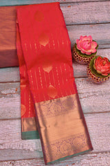 Red Semi Soft Silk Traditional Chain Lines Butta Contrast Pallu Saree