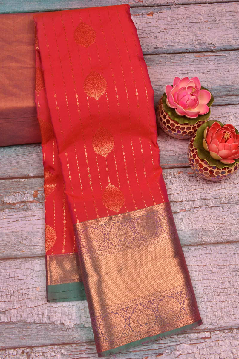 Red Semi Soft Silk Traditional Chain Lines Butta Contrast Pallu Saree