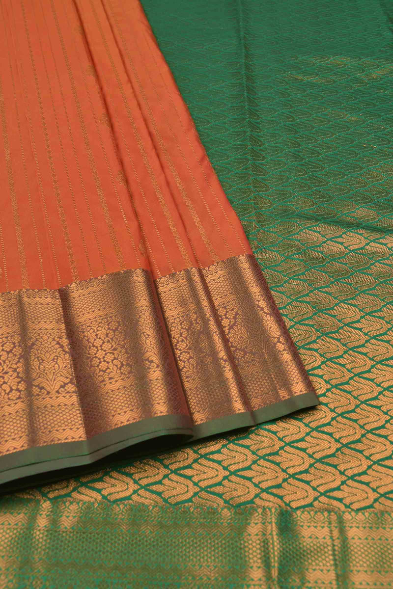 Orange Semi Soft Silk Traditional Chain Lines Butta Contrast Green Pallu  Saree