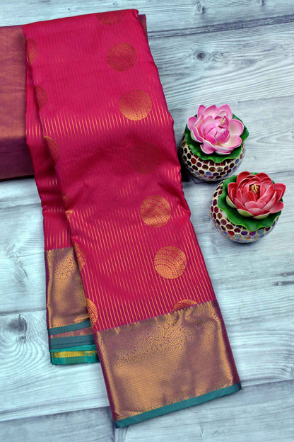 Dark Pink Semi Soft Silk Zari Lines Fancy Sphere Butta Saree