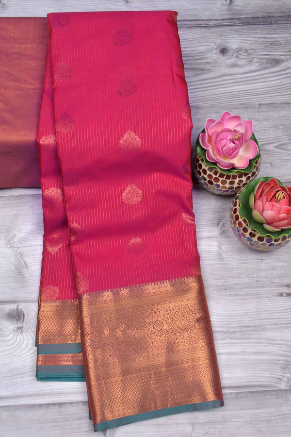 Dark Pink Semi Soft Silk Zari Lines Traditional Buta Saree