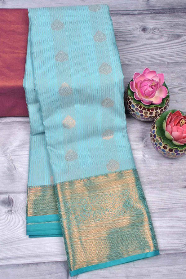 Light Blue Semi Soft Silk Zari Lines Traditional Butta Contrast Pallu Saree