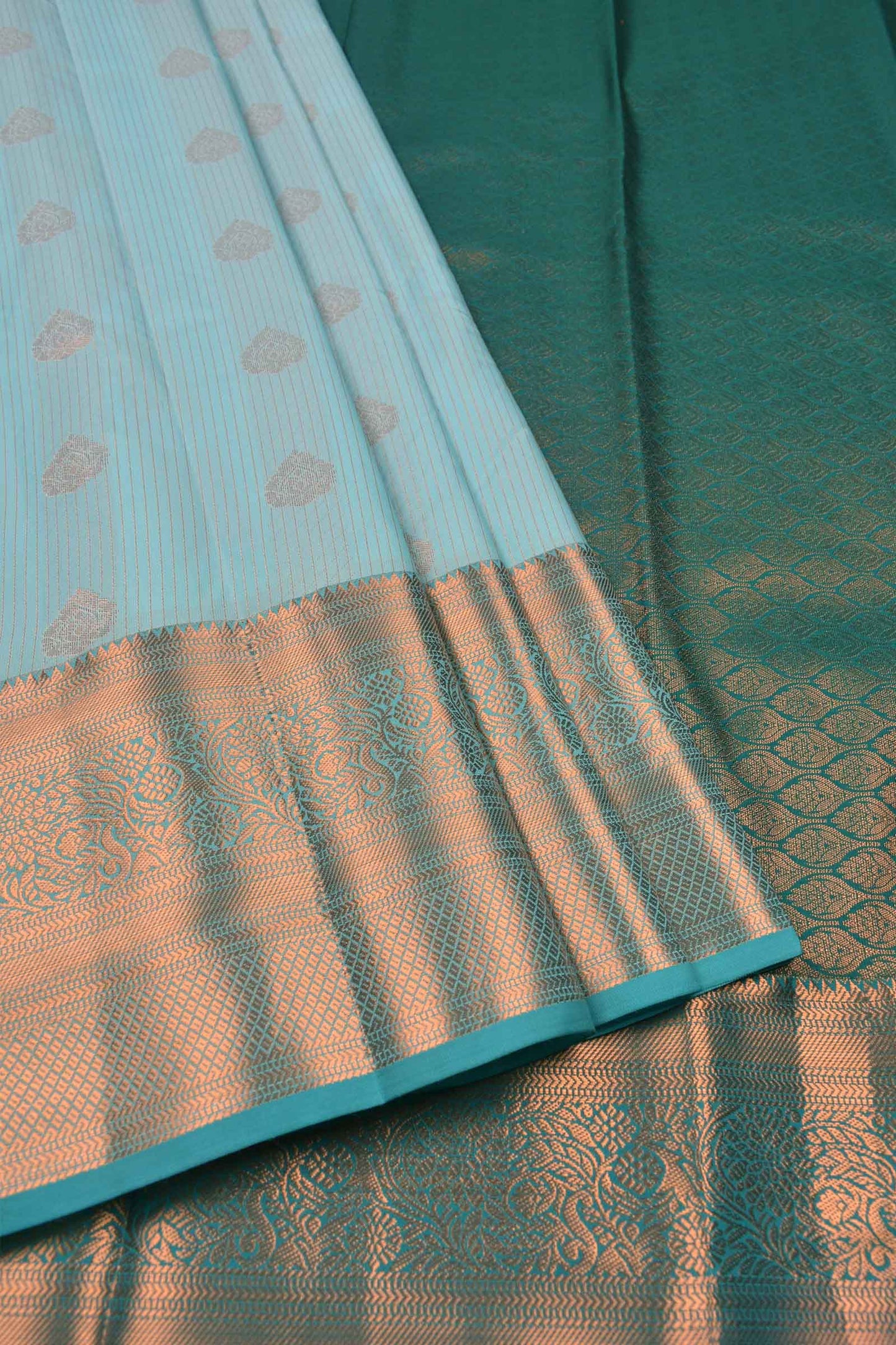 Light Blue Semi Soft Silk Zari Lines Traditional Butta Contrast Pallu Saree