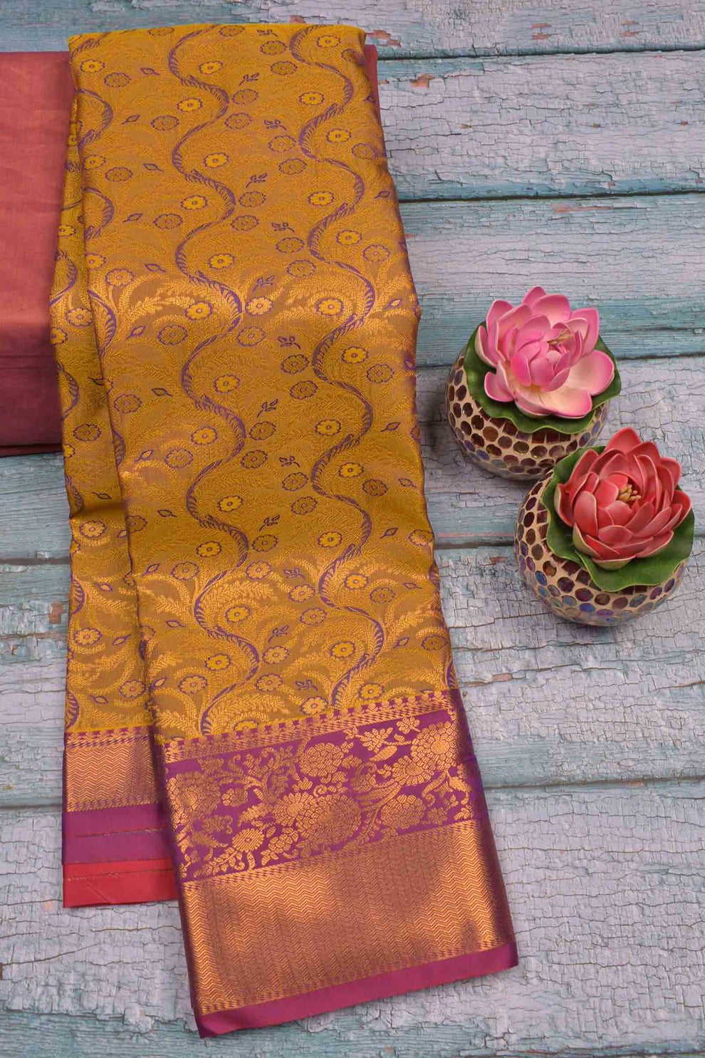 Mustard With Violet Semi Silk Waves Design Contrast Border Saree ...