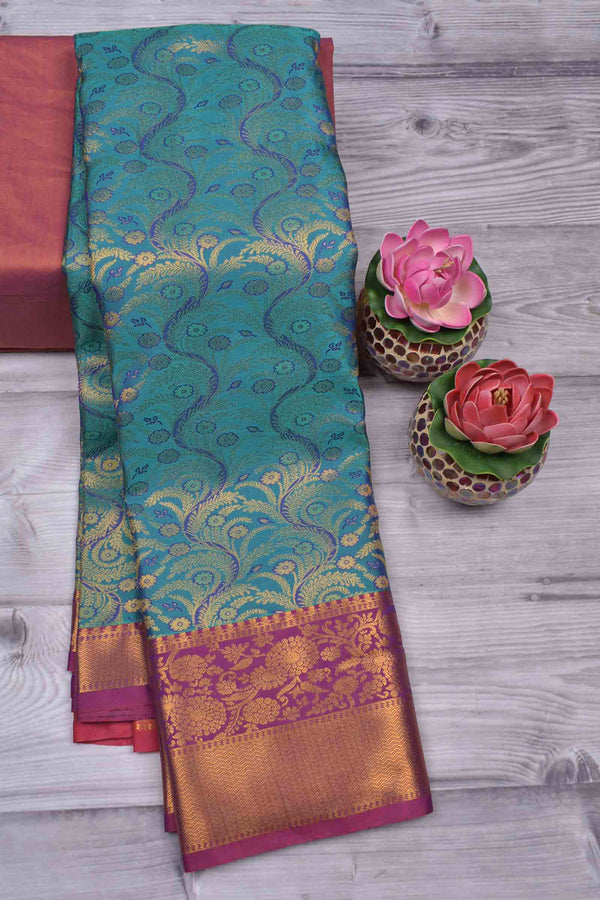 Green With Golden Semi Silk Tissue Waves Design Contrast Border Saree