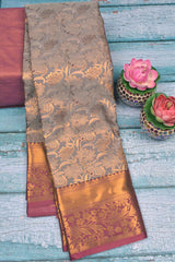 Dark Grey With Gold Semi Silk Lotus Tissue Design Maroon Border Saree