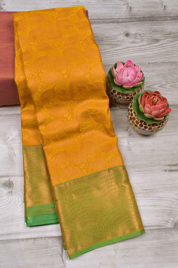 Golden Yellow Semi Silk All Over Leaves Design Fancy Green Border Saree