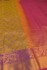 Mustard With Violet Semi Silk Waves Design Contrast Border Saree