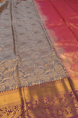 Dark Grey With Gold Semi Silk Lotus Tissue Design Maroon Border Saree