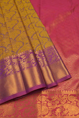 Mustard With Violet Semi Silk Waves Design Contrast Border Saree