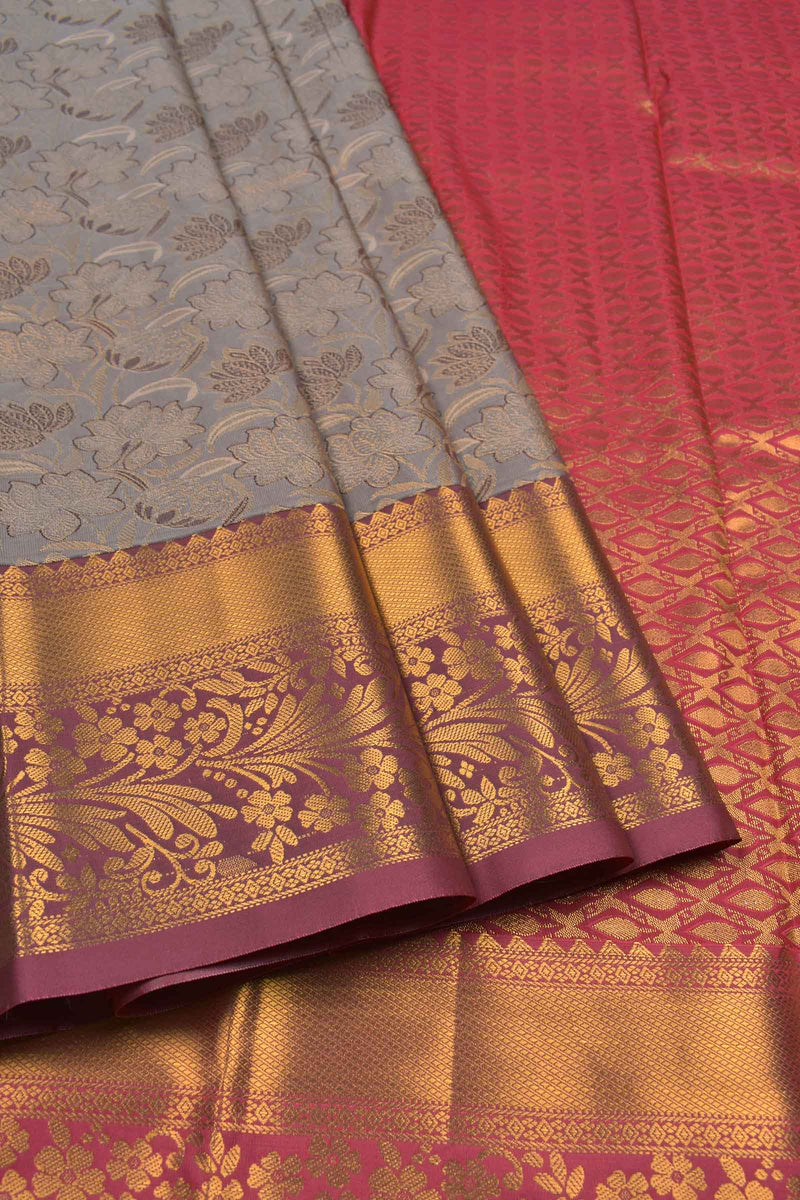 Dark Grey With Gold Semi Silk Lotus Tissue Design Maroon Border Saree