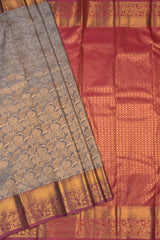 Dark Grey With Gold Semi Silk Lotus Tissue Design Maroon Border Saree